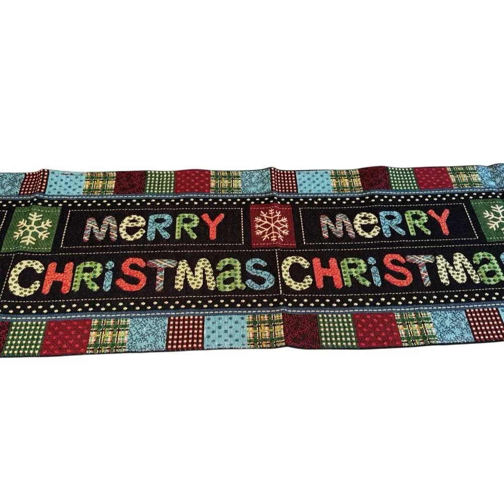 Colorful Merry Christmas Table Runner Tapestry Patchwork Farmhouse Country Chic